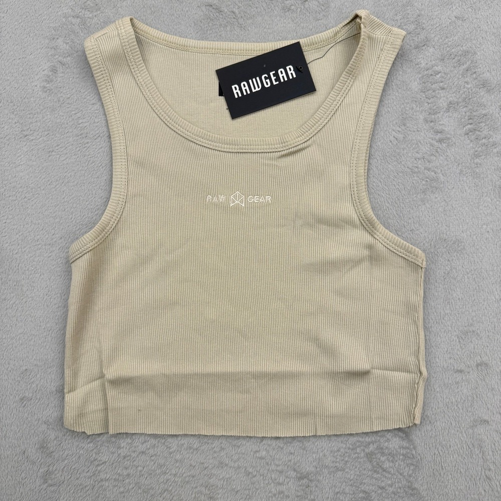 Rawgear Cropped Rib Tank Top Womens Small Taupe Logo Sleeveless NWT Summer‎
